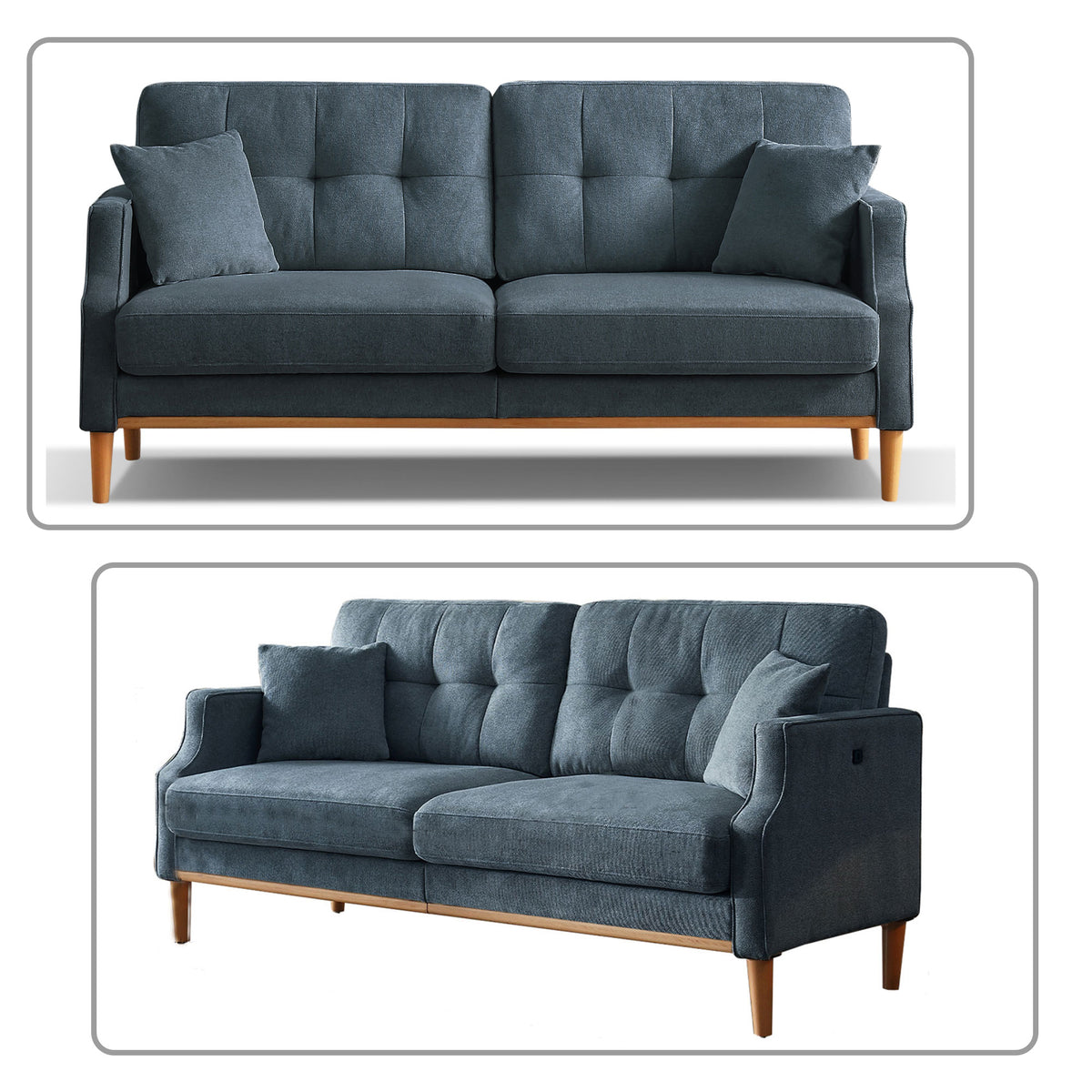Dark Blue Polyester Three Seat Sofa with Two Pillows I60650