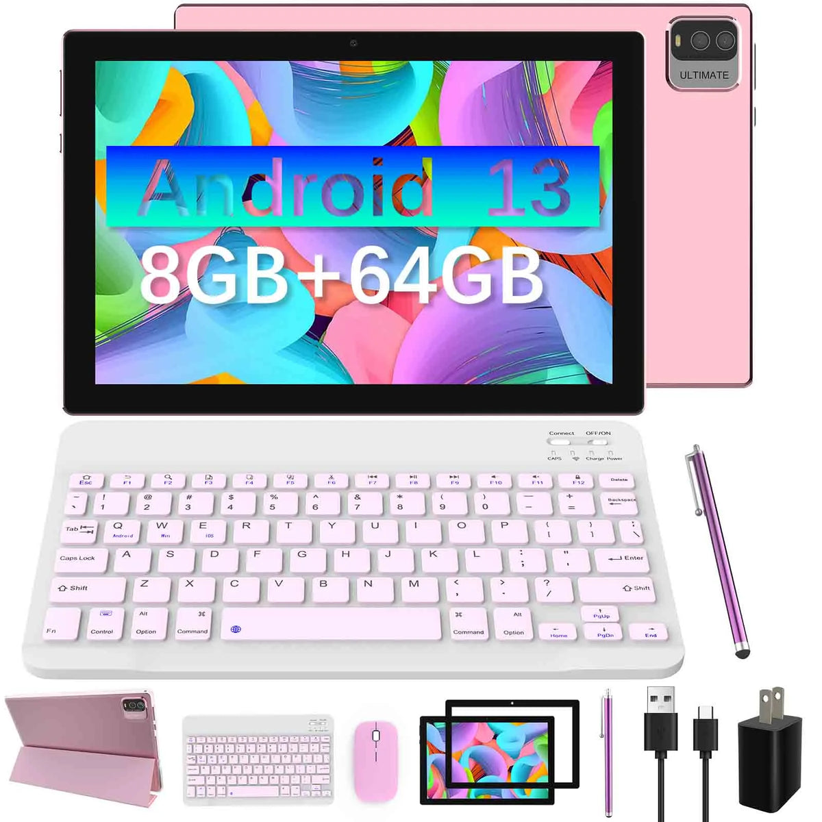 Android 13 Tablet with Keyboard, 10.1 inch 2 in 1 Tablets, 8GB RAM+64GB ROM with Case Mouse Stylus, 1.8GHz Quad Core, 1280*800 HD Touch Screen, 8MP Dual Camera, Wi-Fi, BT Tableta PC C310