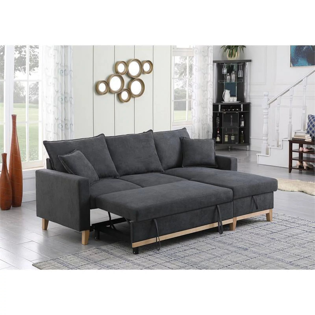 Dark Gray Fabric Reversible Sleeper Sectional with Storage Chaise V355