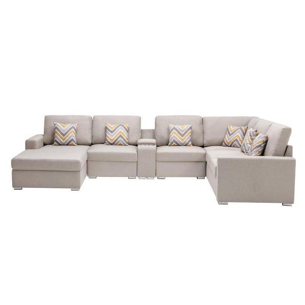Beige Fabric Reversible Sectional with Charging Port and Storage Console Y1559