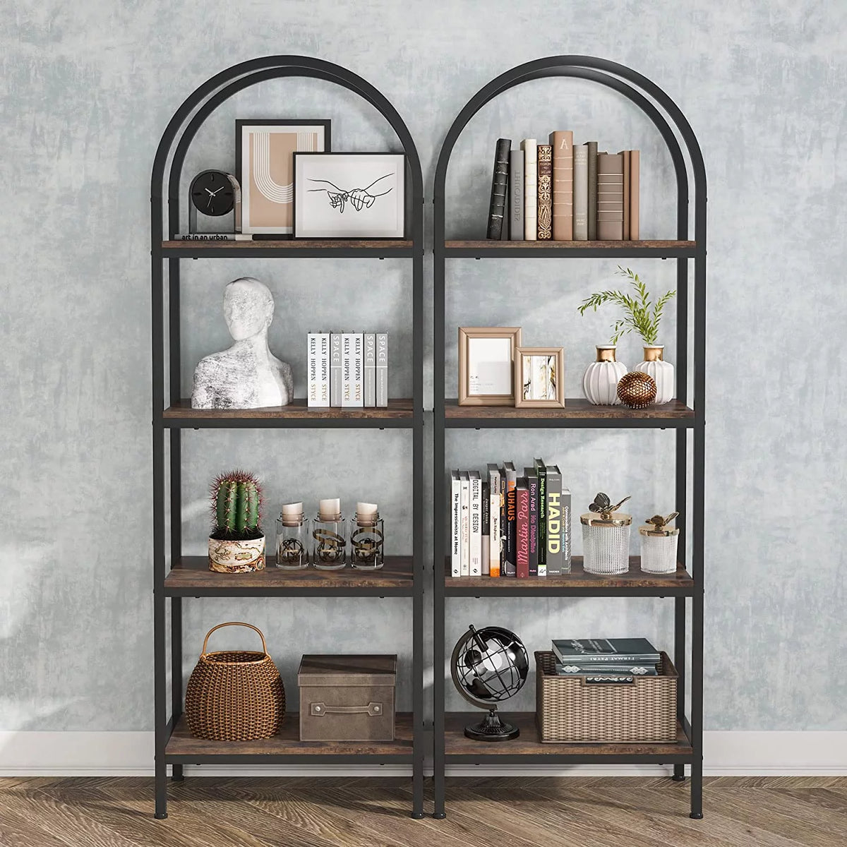 4-Tier Wood Bookshelf Set of 2 with Metal Frame X42312