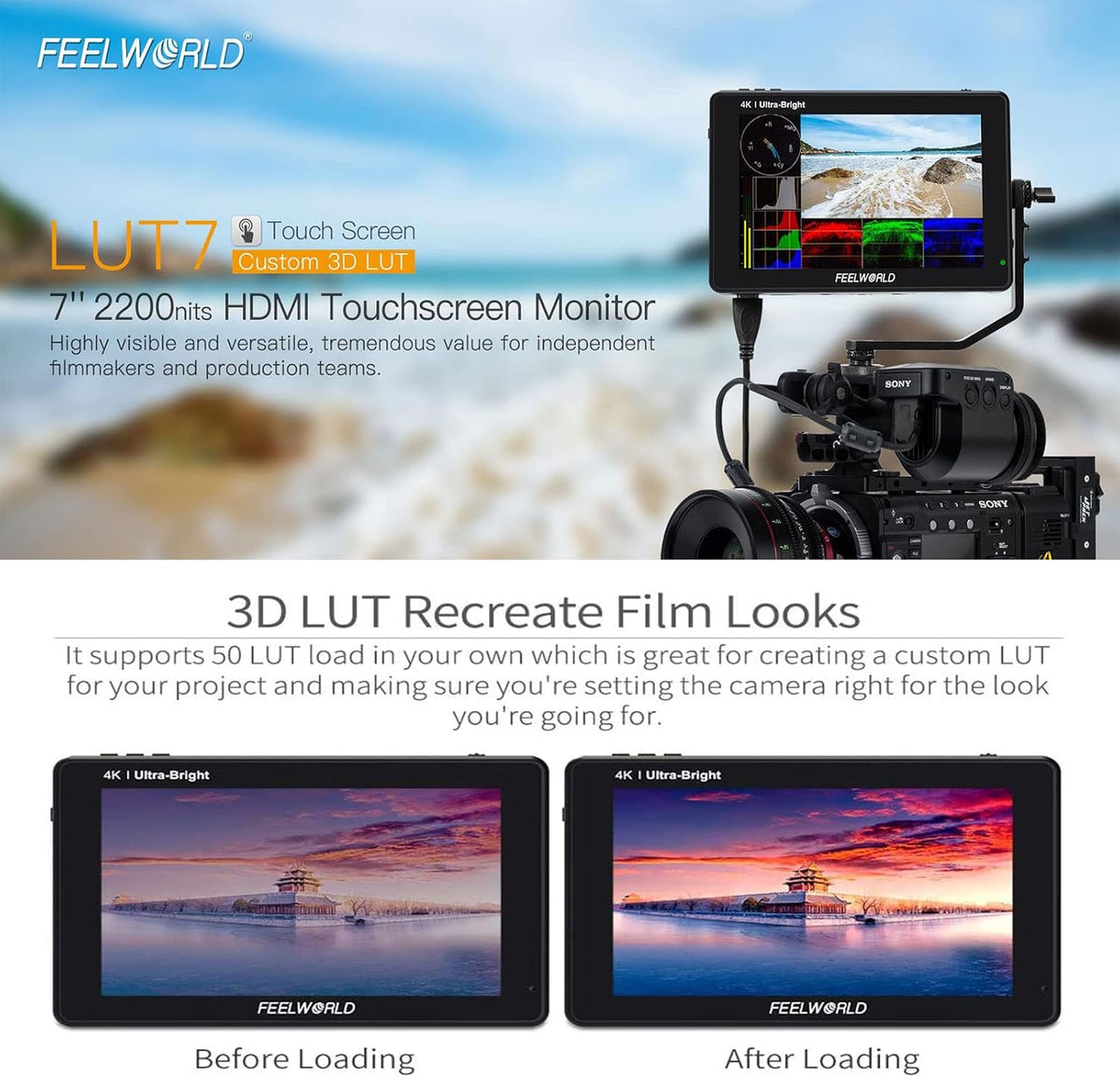 7 Inch 2200nits Touch Screen Camera Field Monitor with Waveform VectorScope 4K HDMI Input R44277