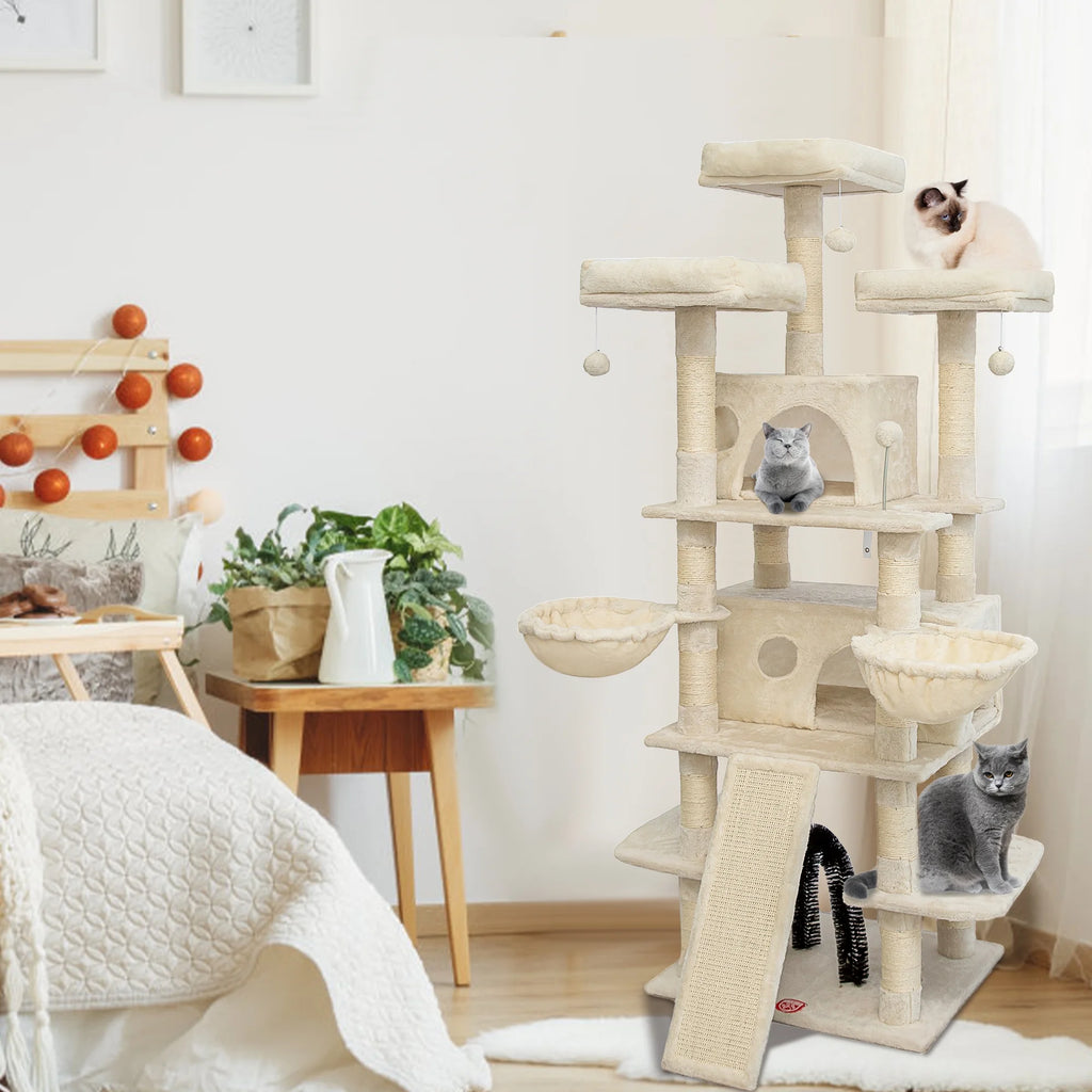 Beige Large Cat Tree with 2 Cat Condo & Scratching Posts S97274