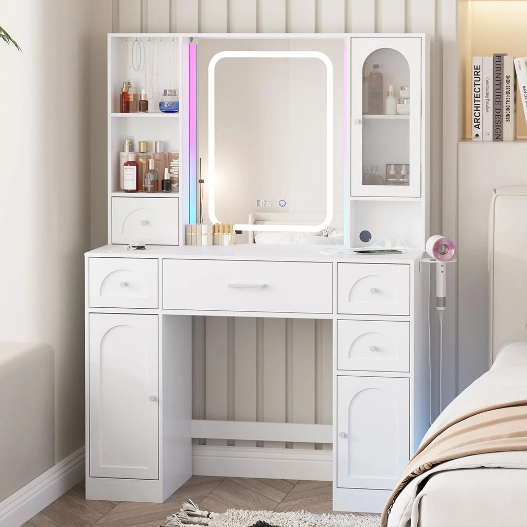 White Vanity Desk with Mirror and Lights, 5 Drawers T99433