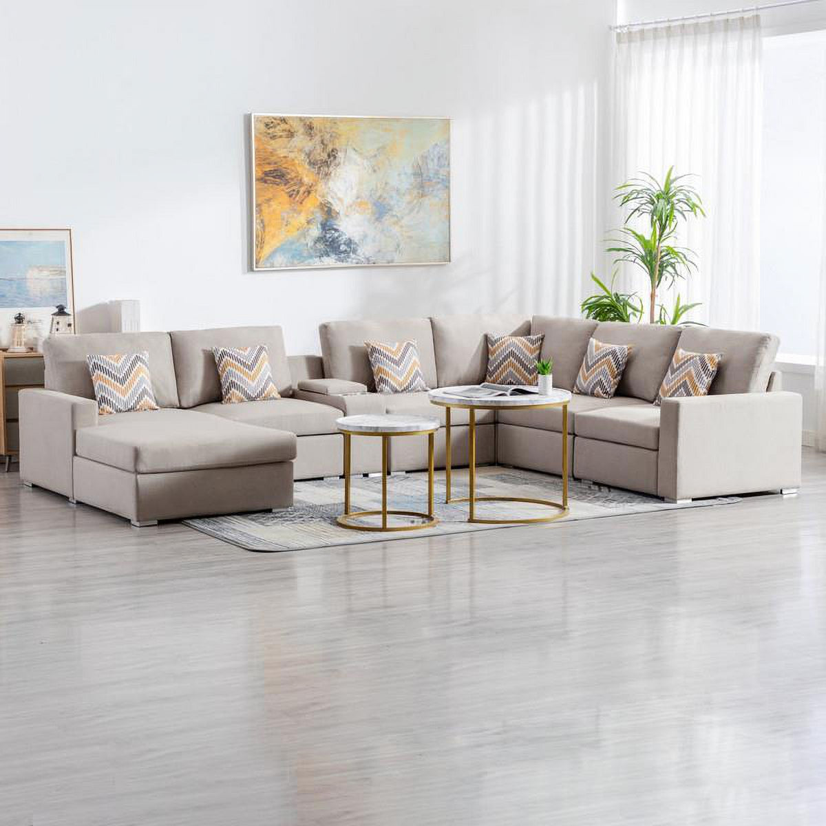 Beige Fabric Reversible Sectional with Charging Port and Storage Console Y1559