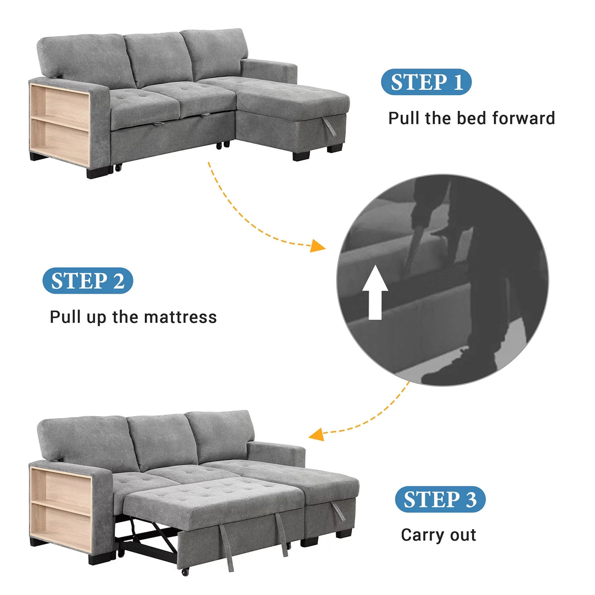 Gray L Shaped Sectional Sofa Bed with Storage A206
