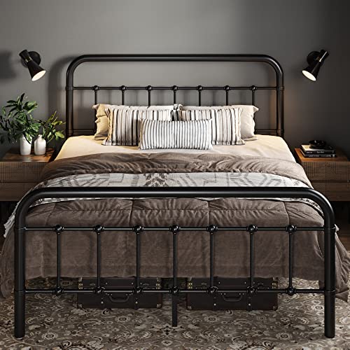 Full Size Black Metal Platform Bed Frame with Headboard and Footboard E702090
