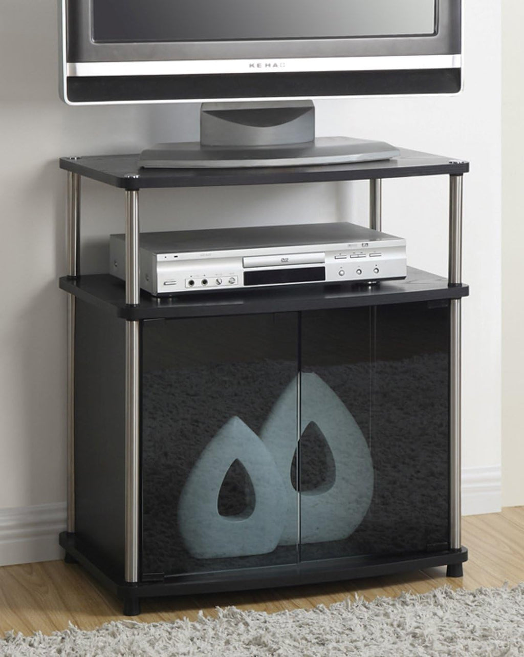 White TV Stand with Black Glass Cabinet Y959
