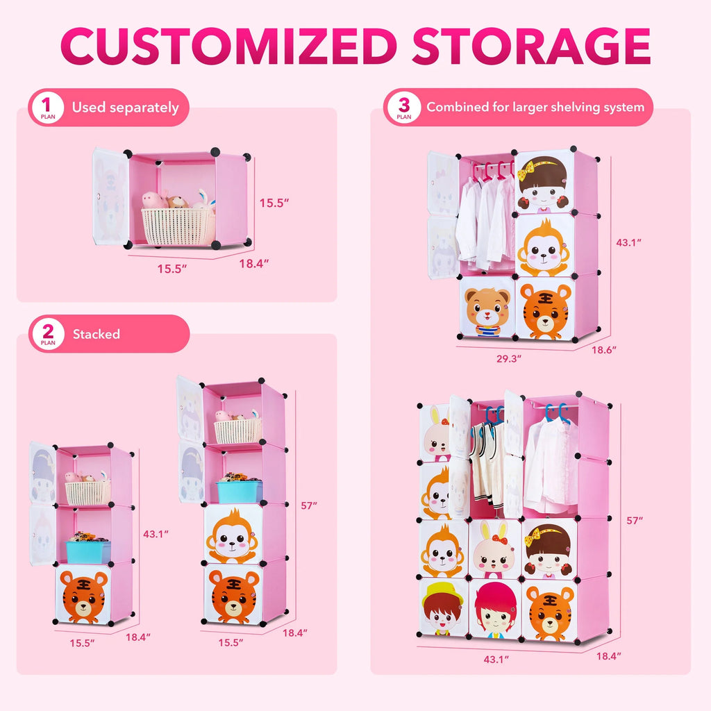 Pink Children's Portable Clothes Closet Rack with Storage Cubes O75526