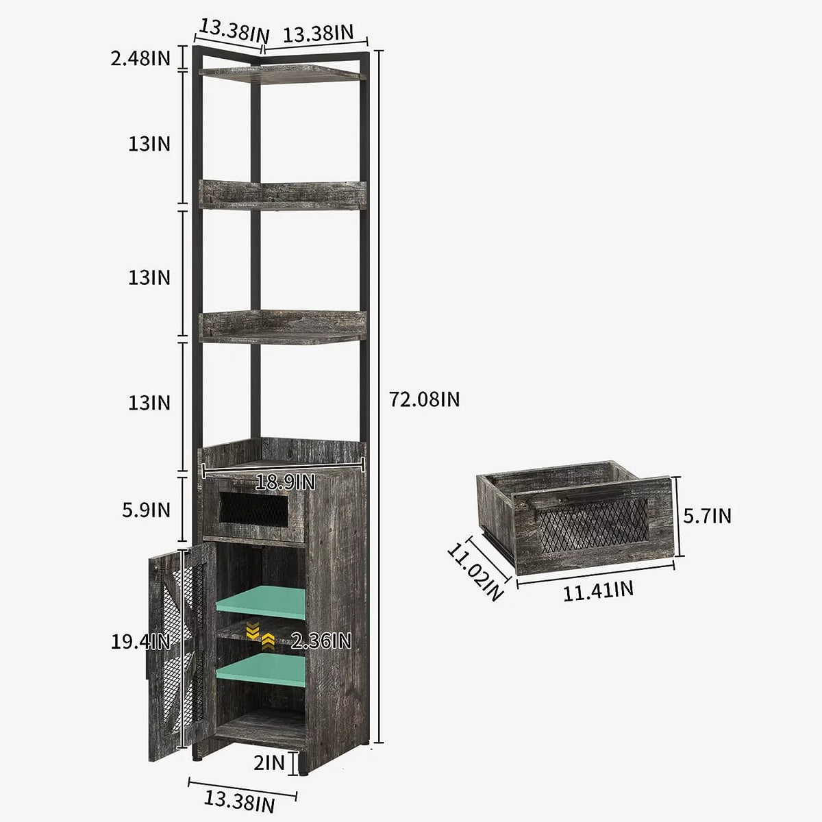 Grey 7-Tier Corner Cabinet with Drawer Z294804