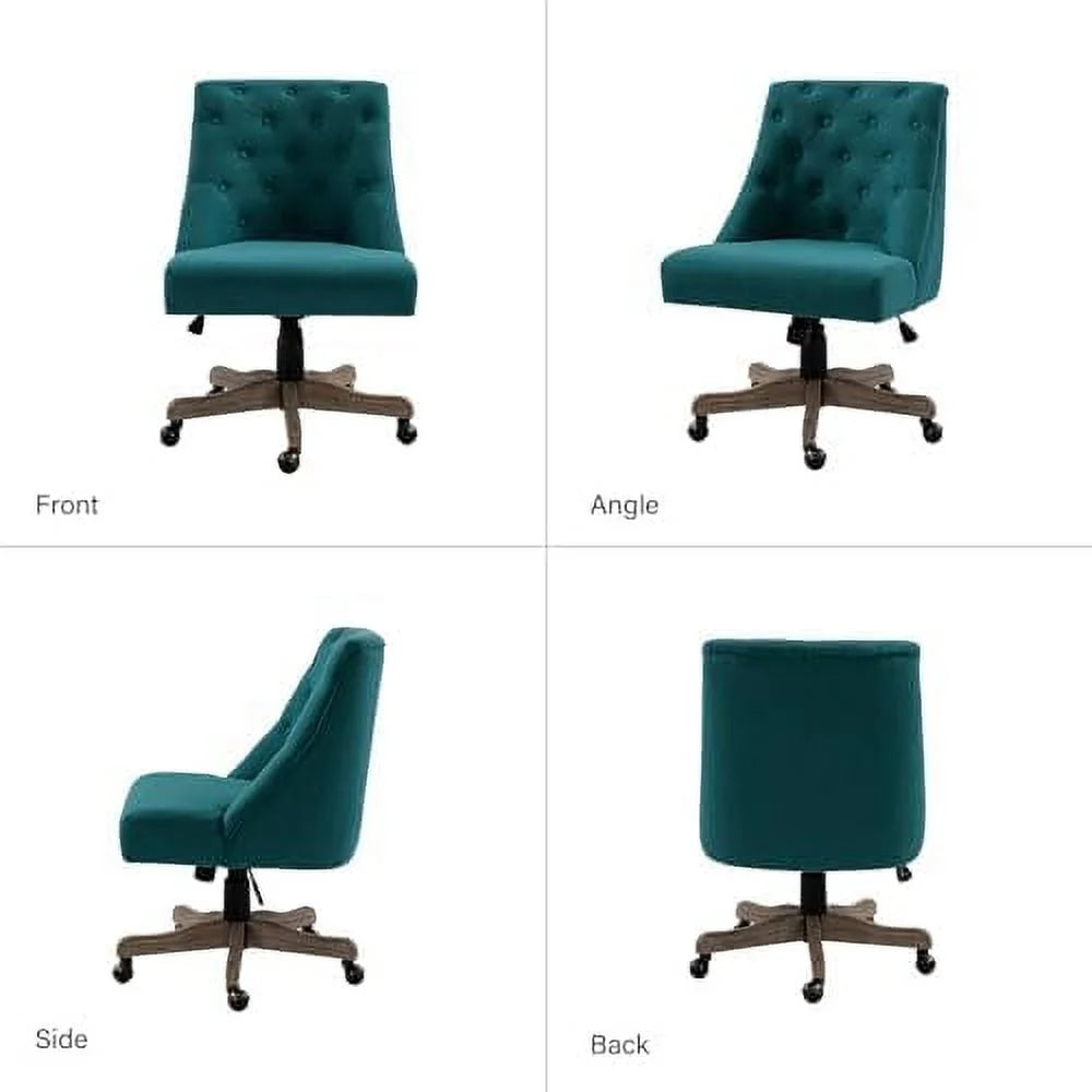 Blue Tufted Upholstered Desk Chair with Wood Base I9855