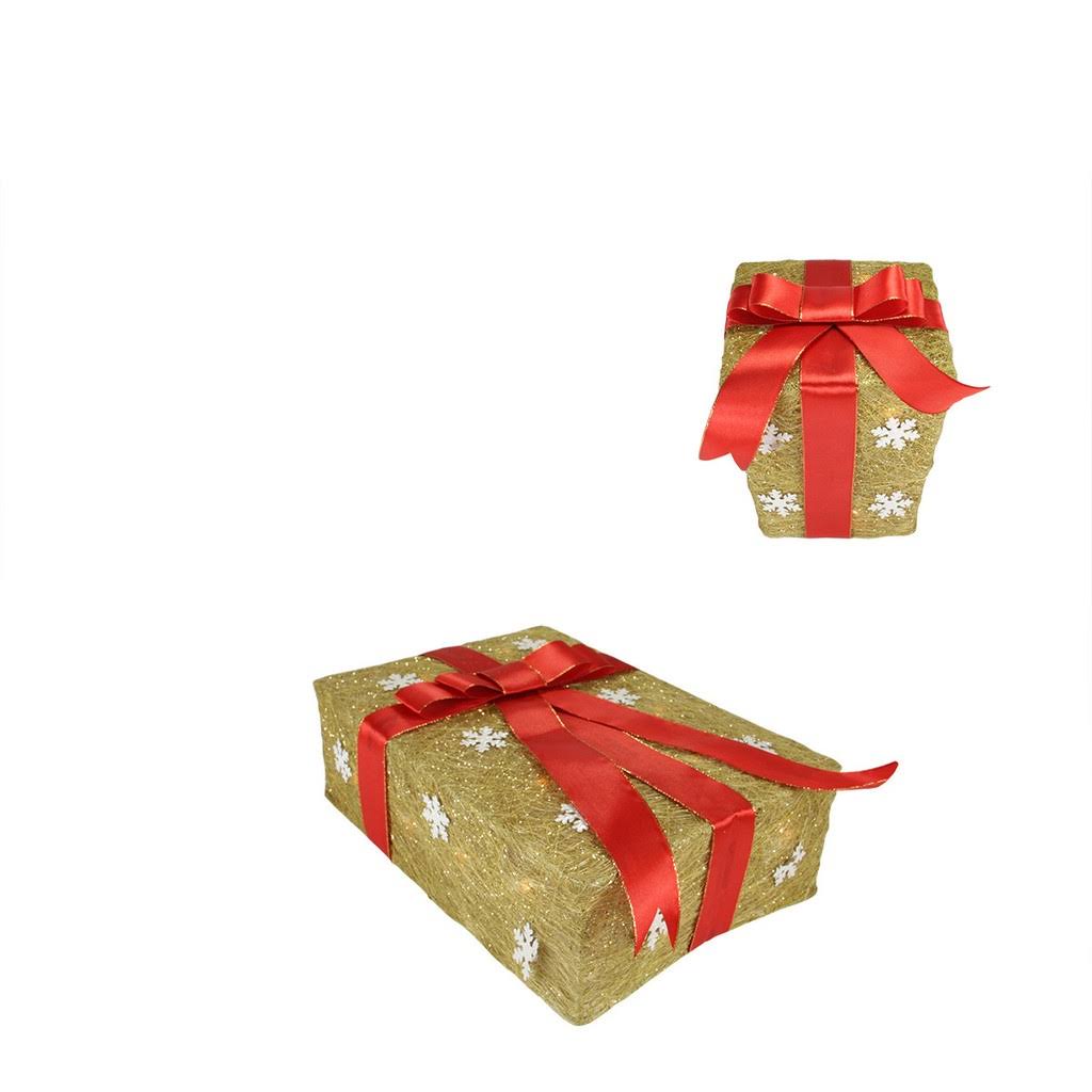 Set of 3 Gold Sisal Gift Boxes Lighted Christmas Decorations N4403