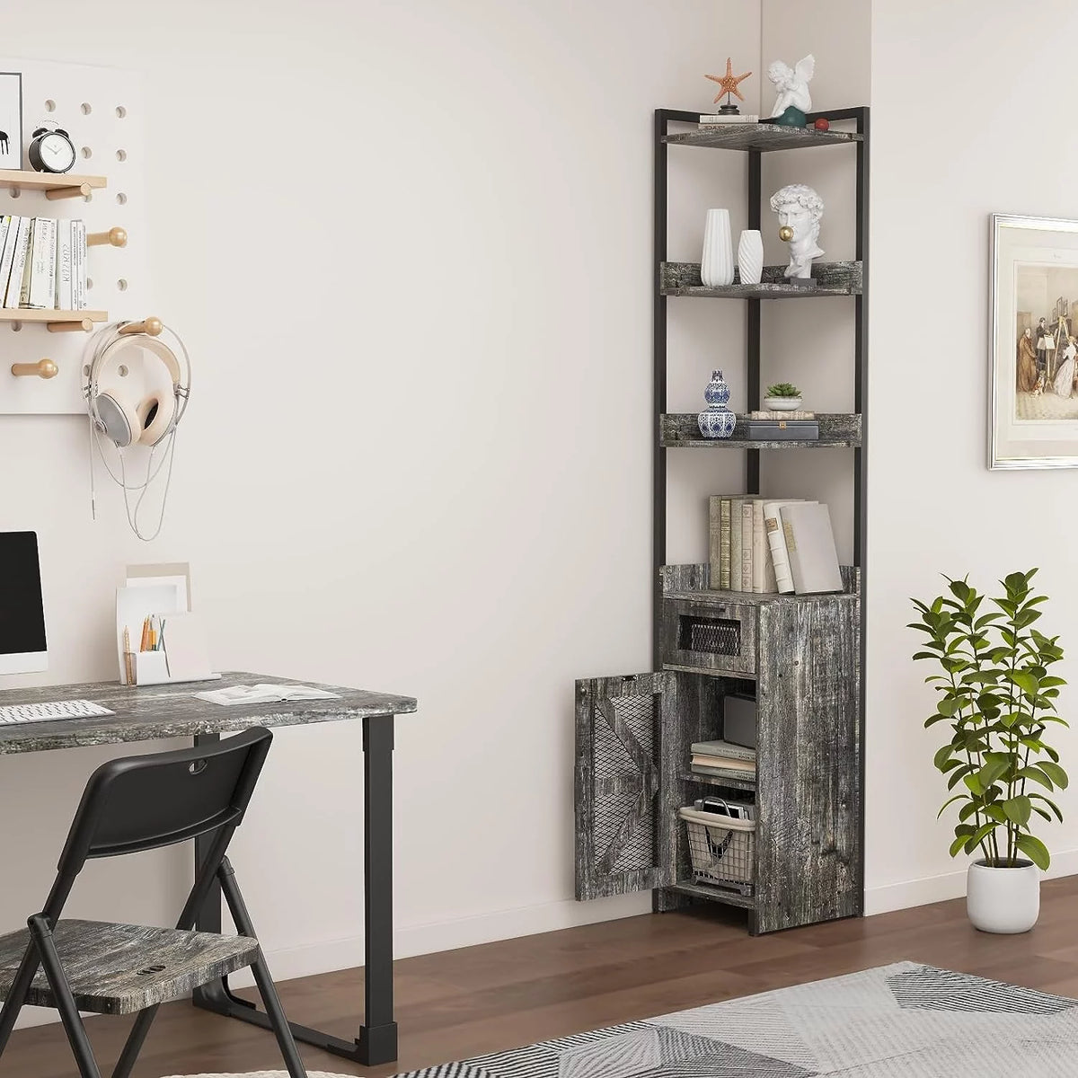 Grey 7-Tier Corner Cabinet with Drawer Z294804