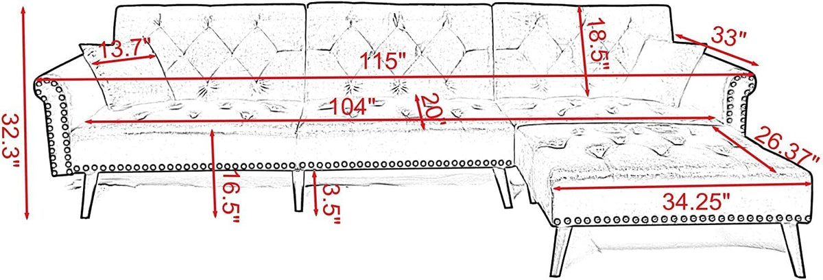 Black Velvet Convertible Sectional Sofa Sleeper Bed with Wood Legs K141146