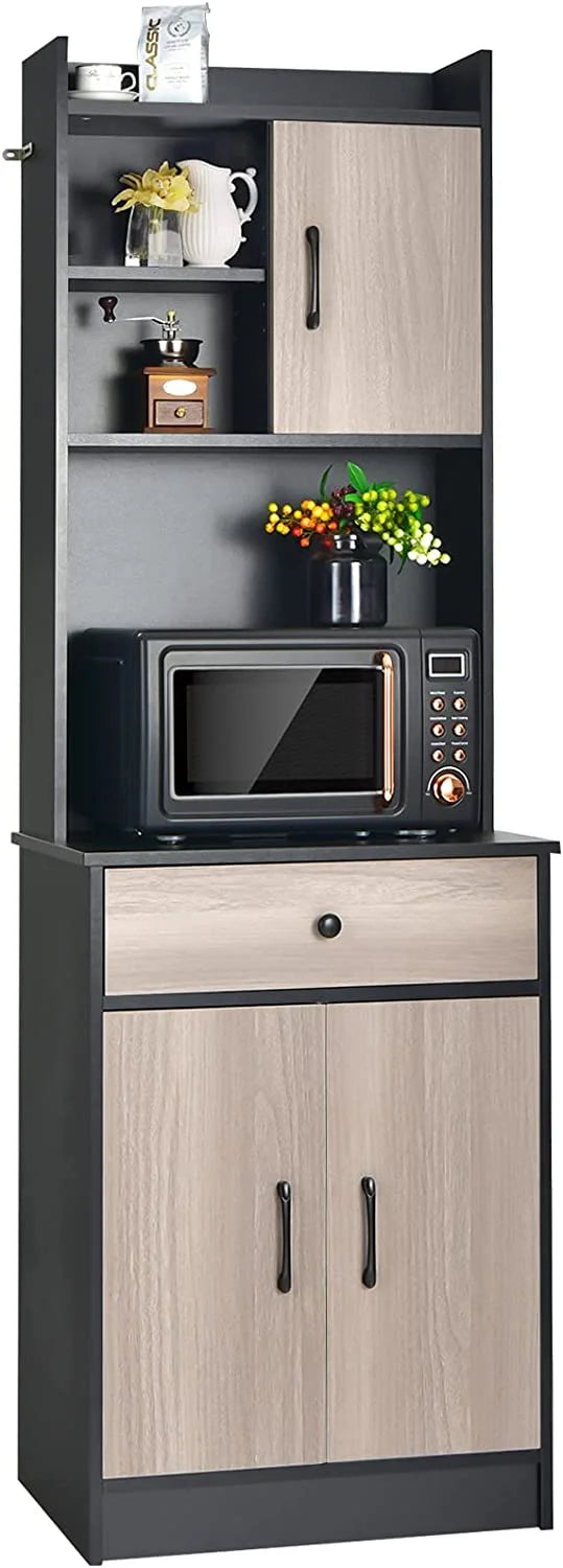Tall Buffet Hutch Cabinet with Drawer and Shelf, Black & Natural N703