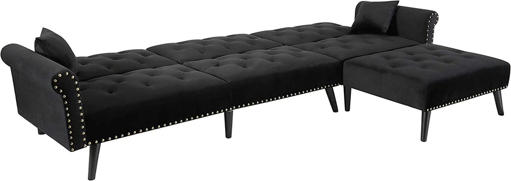 Black Velvet Convertible Sectional Sofa Sleeper Bed with Wood Legs K141146