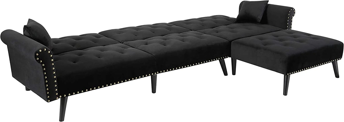 Black Velvet Convertible Sectional Sofa Sleeper Bed with Wood Legs K141146