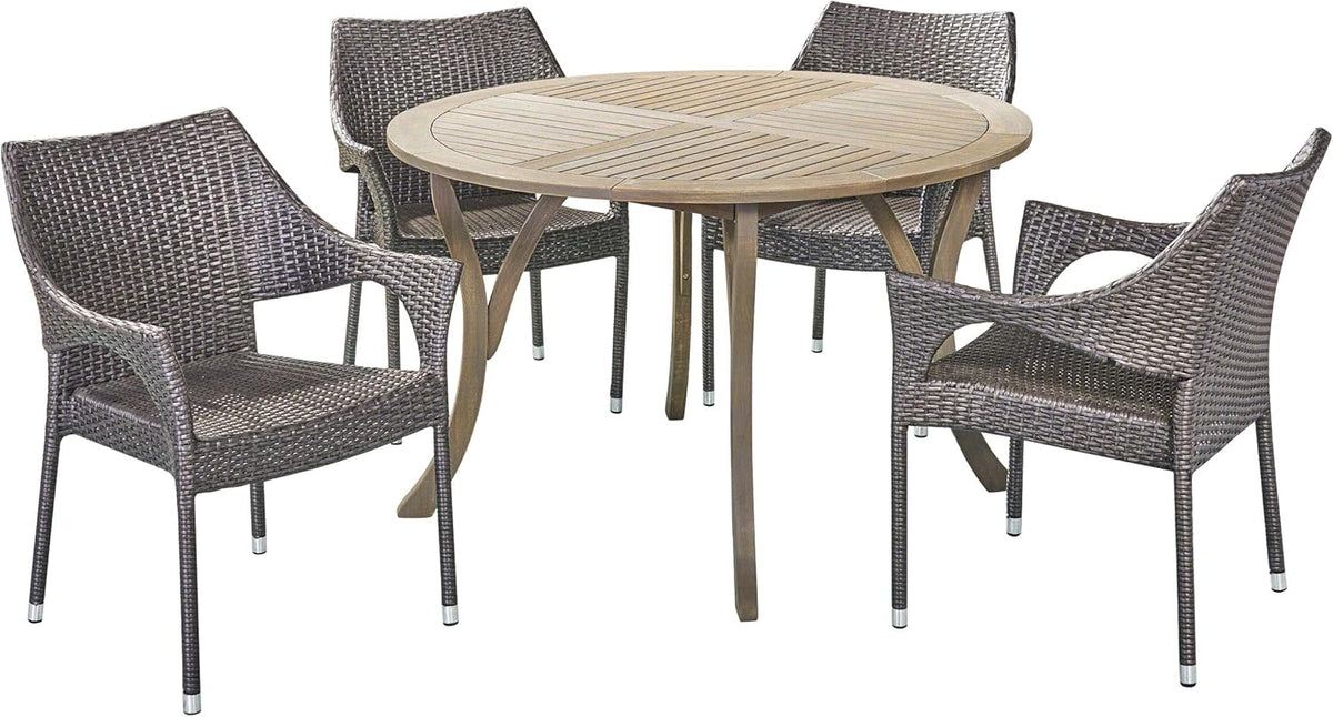 Teak Acacia Wood and Wicker 5 Piece Outdoor Dining Set Z90027