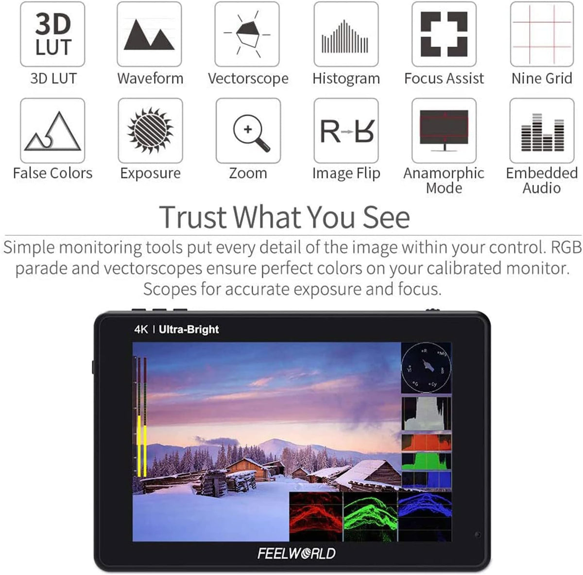 7 Inch 2200nits Touch Screen Camera Field Monitor with Waveform VectorScope 4K HDMI Input R44277