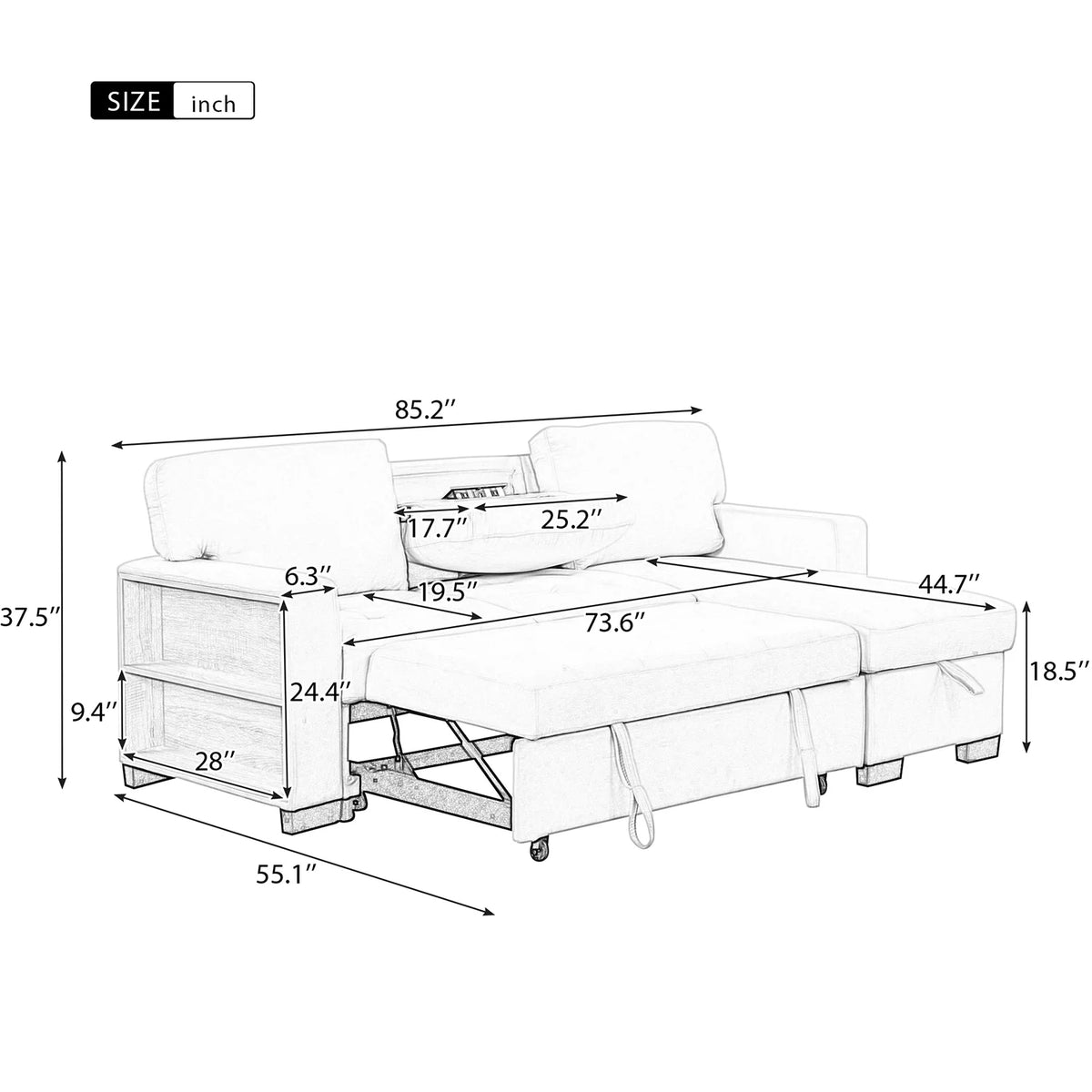 Gray L Shaped Sectional Sofa Bed with Storage A206