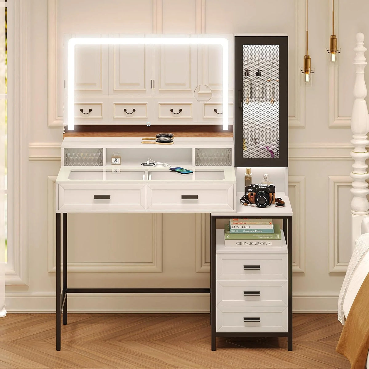 White Makeup Vanity Desk Set with Lights and Mirror R8467
