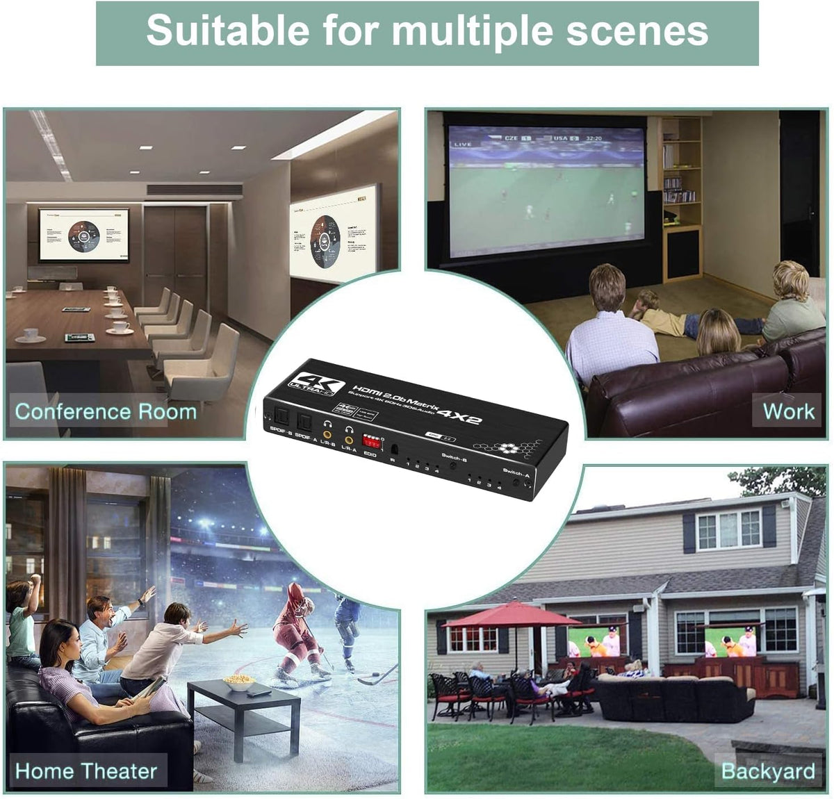 4K@60Hz 4x2 HDMI Matrix Switch with Optical and L/R Audio Output, HDCP2.2, HDR 10, Pack of 2 H29766
