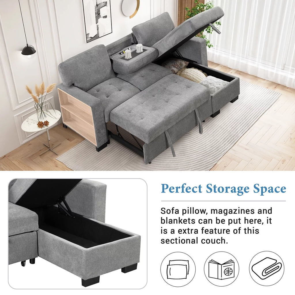 Gray L Shaped Sectional Sofa Bed with Storage A206