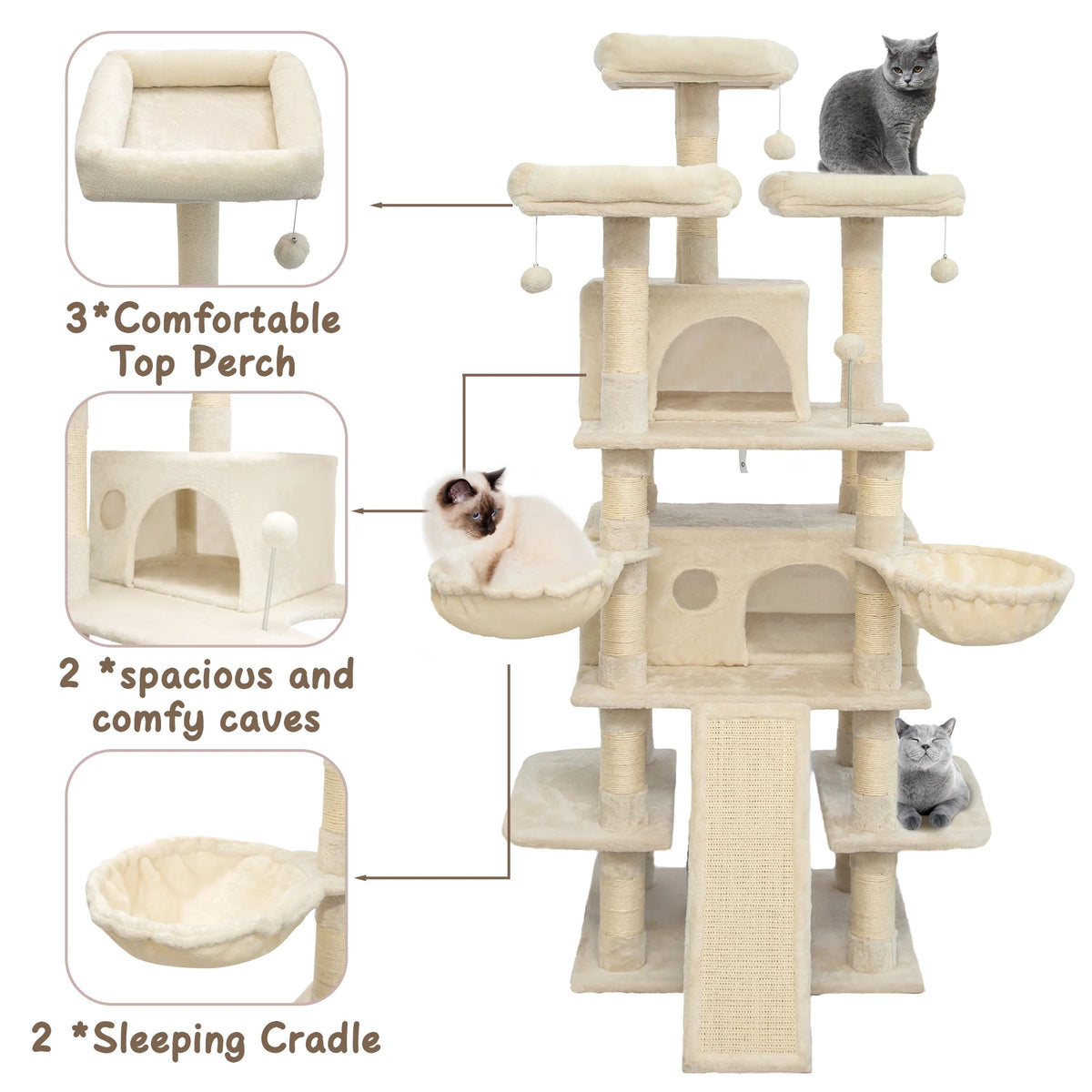 Beige Large Cat Tree with 2 Cat Condo & Scratching Posts S97274