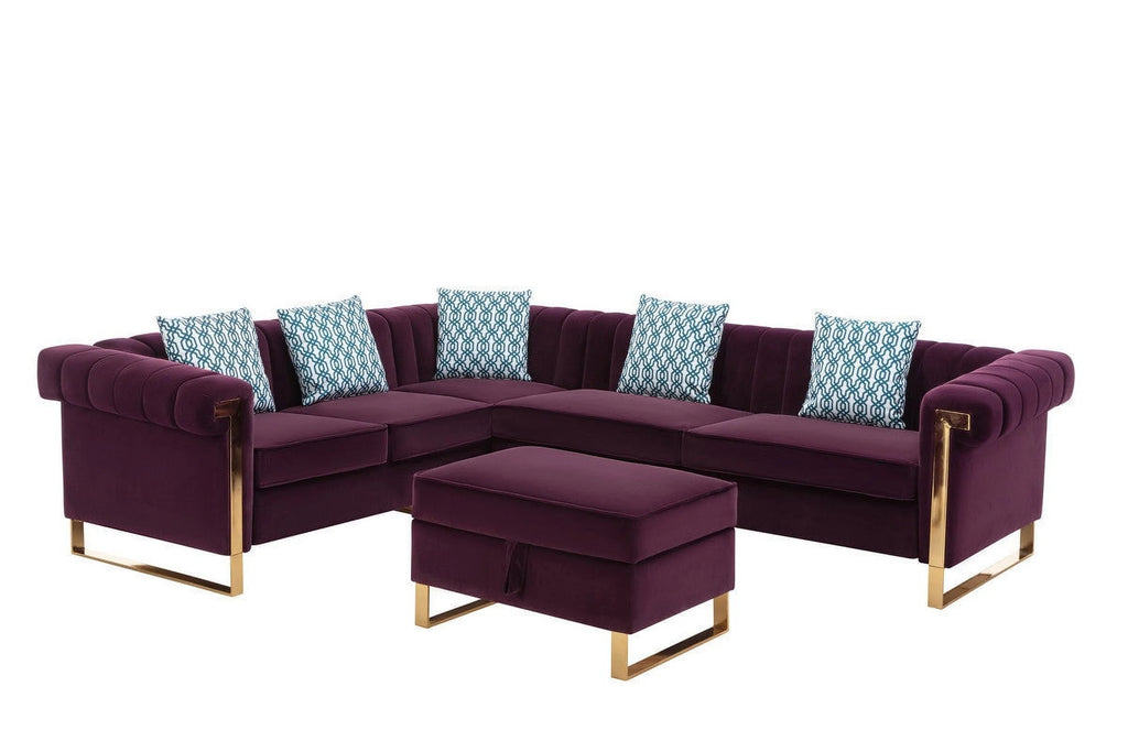 Purple Velvet 6-Seater Sectional Sofa with Storage Ottoman M69380