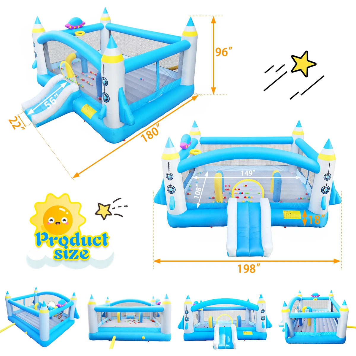 Inflatable Bouncer with Blower, 198" x 180" Play Area, 96" Tall N908003