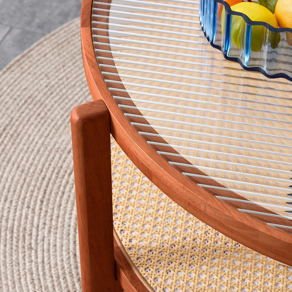 Solid Wood Coffee Table with Glass Top and PE Rattan C446936