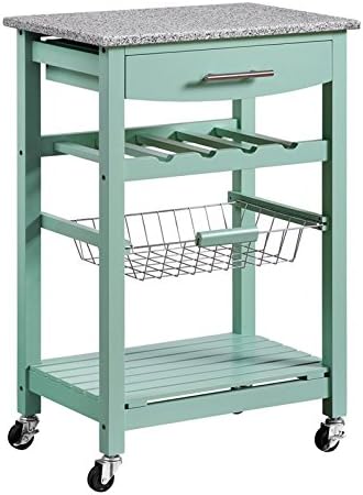 Granite Top Pine Wood Rolling Kitchen Island Microwave Cart with Storage D353