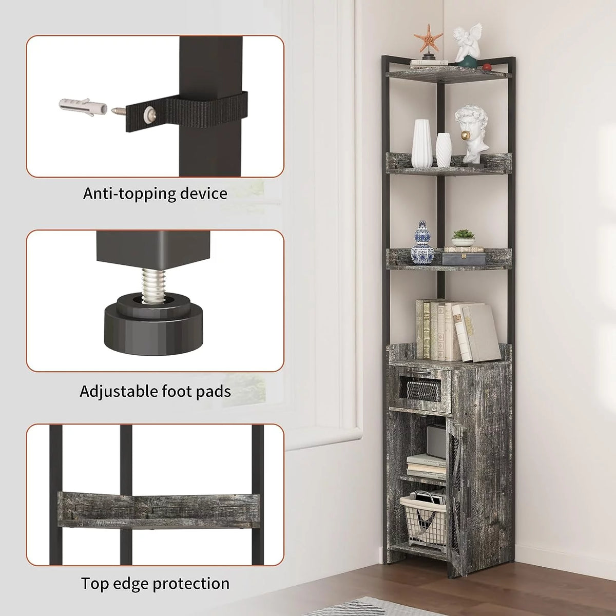 Grey 7-Tier Corner Cabinet with Drawer Z294804