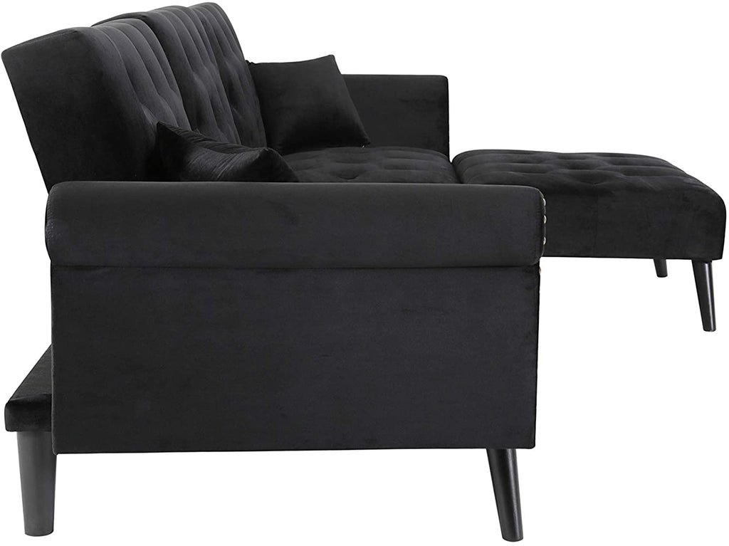 Black Velvet Convertible Sectional Sofa Sleeper Bed with Wood Legs K141146