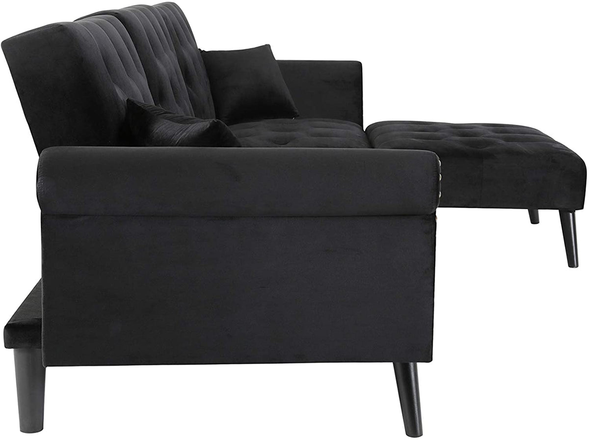 Black Velvet Convertible Sectional Sofa Sleeper Bed with Wood Legs K141146