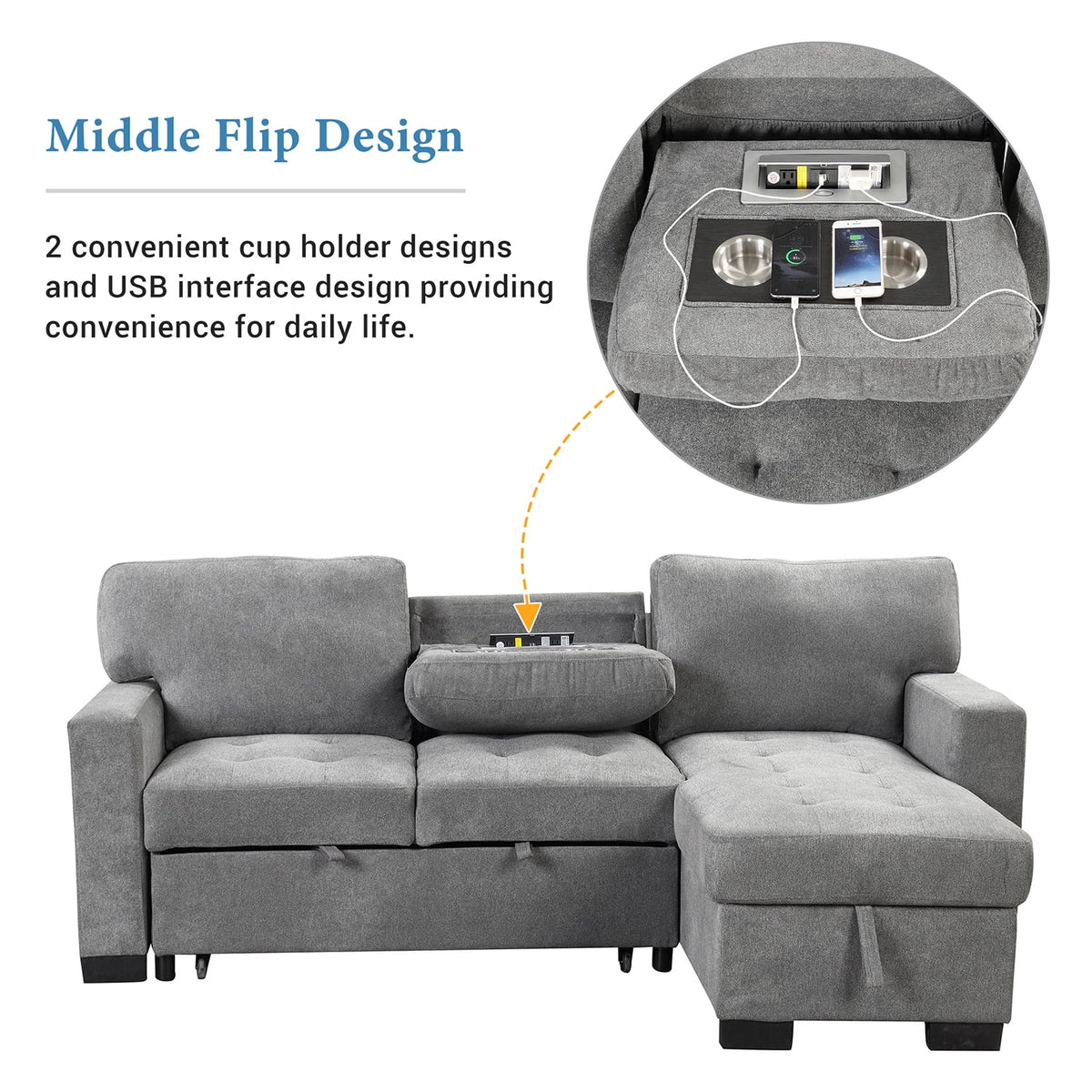 Gray L Shaped Sectional Sofa Bed with Storage A206