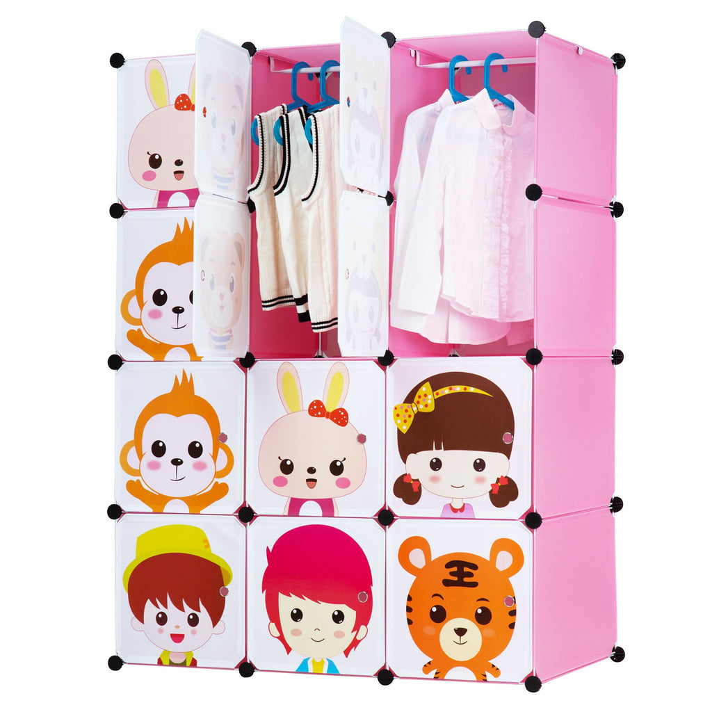 Pink Children's Portable Clothes Closet Rack with Storage Cubes O75526