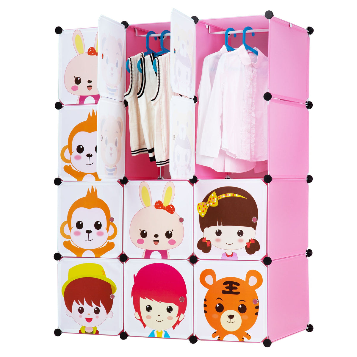 Pink Children's Portable Clothes Closet Rack with Storage Cubes O75526