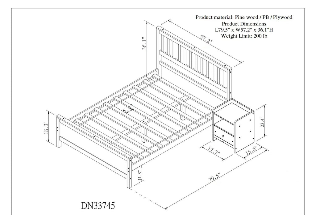 Twin Full Size Pine Wood Platform Bed with Headboard Nightstand and Footboard I7367