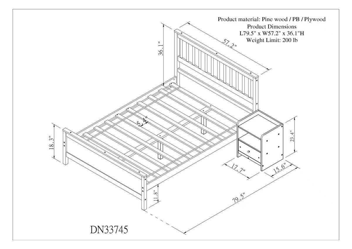 Twin Full Size Pine Wood Platform Bed with Headboard Nightstand and Footboard I7367