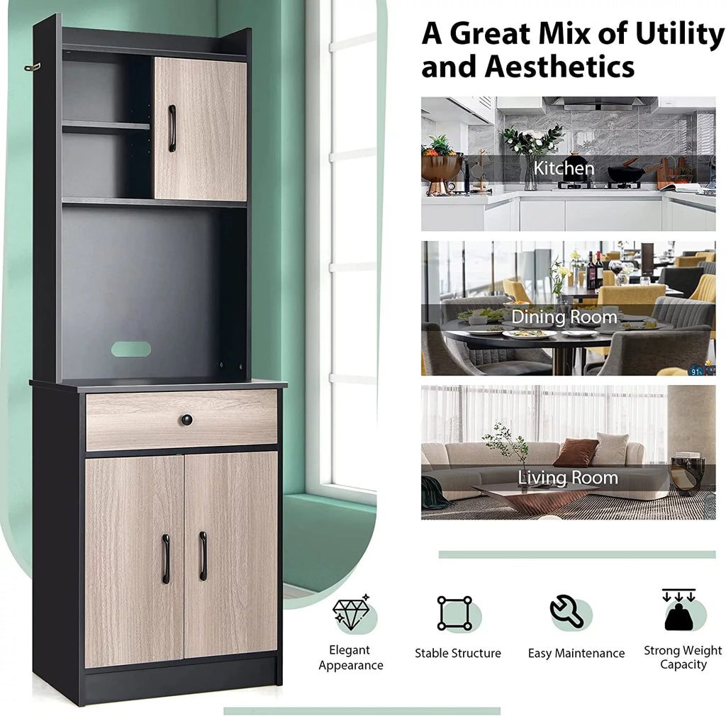 Tall Buffet Hutch Cabinet with Drawer and Shelf, Black & Natural N703