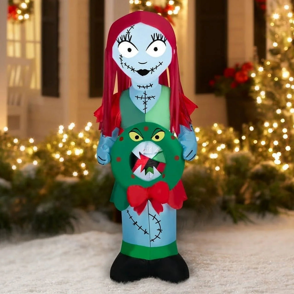 5.5 Foot Stylized Jack Skellington Inflatable with Spider Snowflake and Sally Holding Wreath D2238