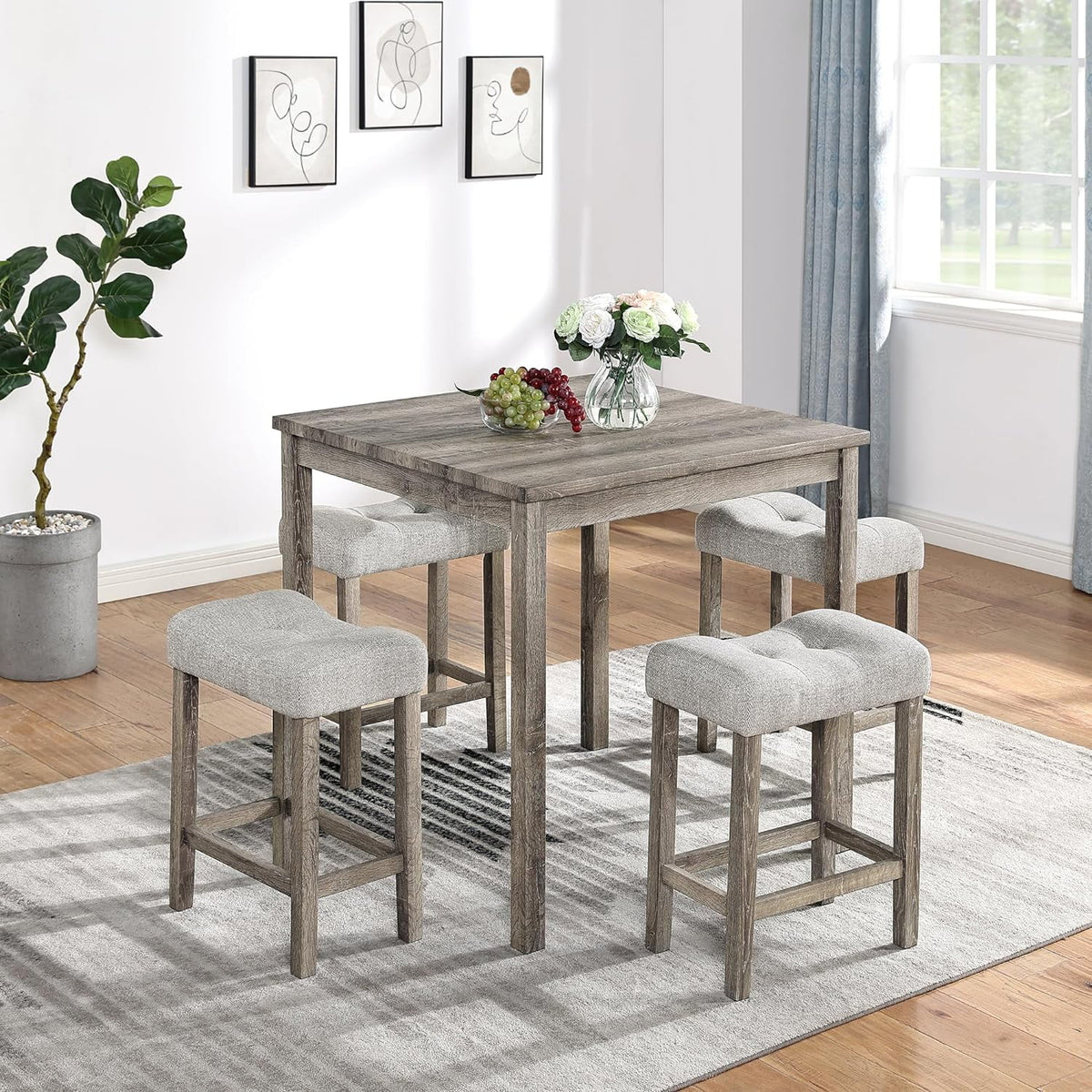 5 Piece Solid Wood Dining Table Set with 4 Upholstered Stools D99395