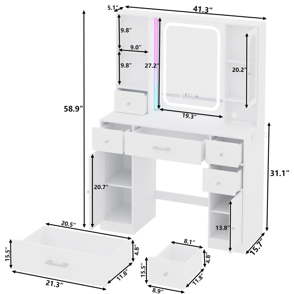 White Vanity Desk with Mirror and Lights, 5 Drawers T99433