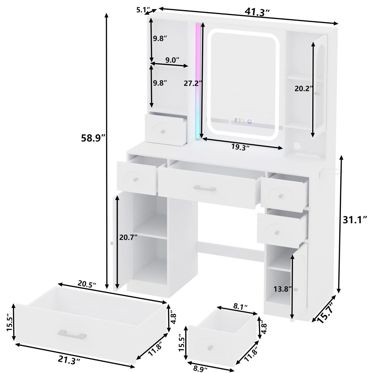 White Vanity Desk with Mirror and Lights, 5 Drawers T99433