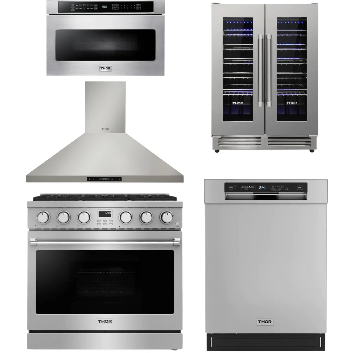 36 Gas Range, Range Hood, Dishwasher, Microwave and Wine Cooler W618