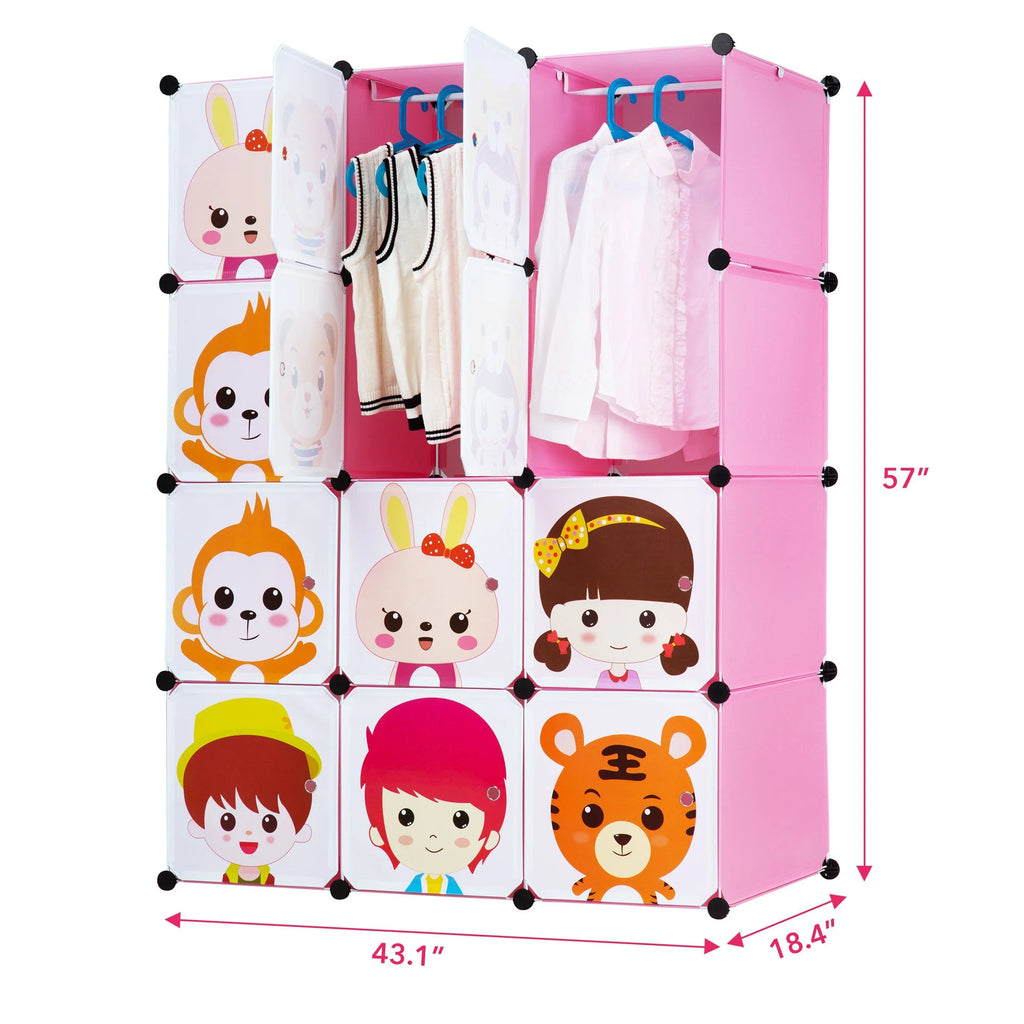 Pink Children's Portable Clothes Closet Rack with Storage Cubes O75526