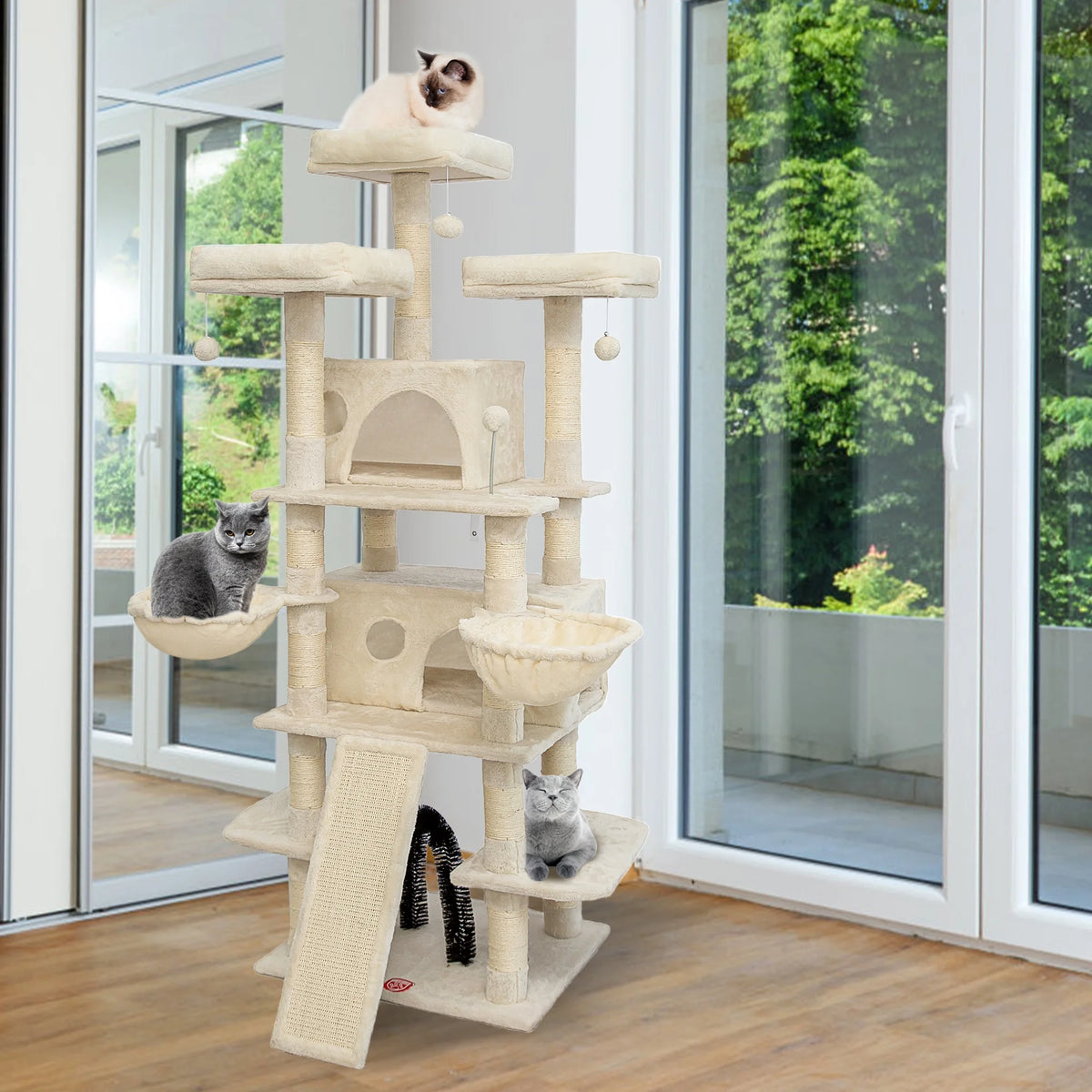 Beige Large Cat Tree with 2 Cat Condo & Scratching Posts S97274