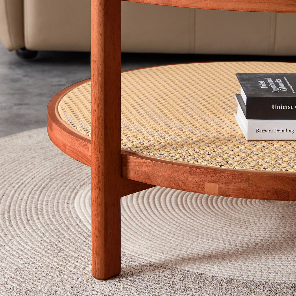 Solid Wood Coffee Table with Glass Top and PE Rattan C446936
