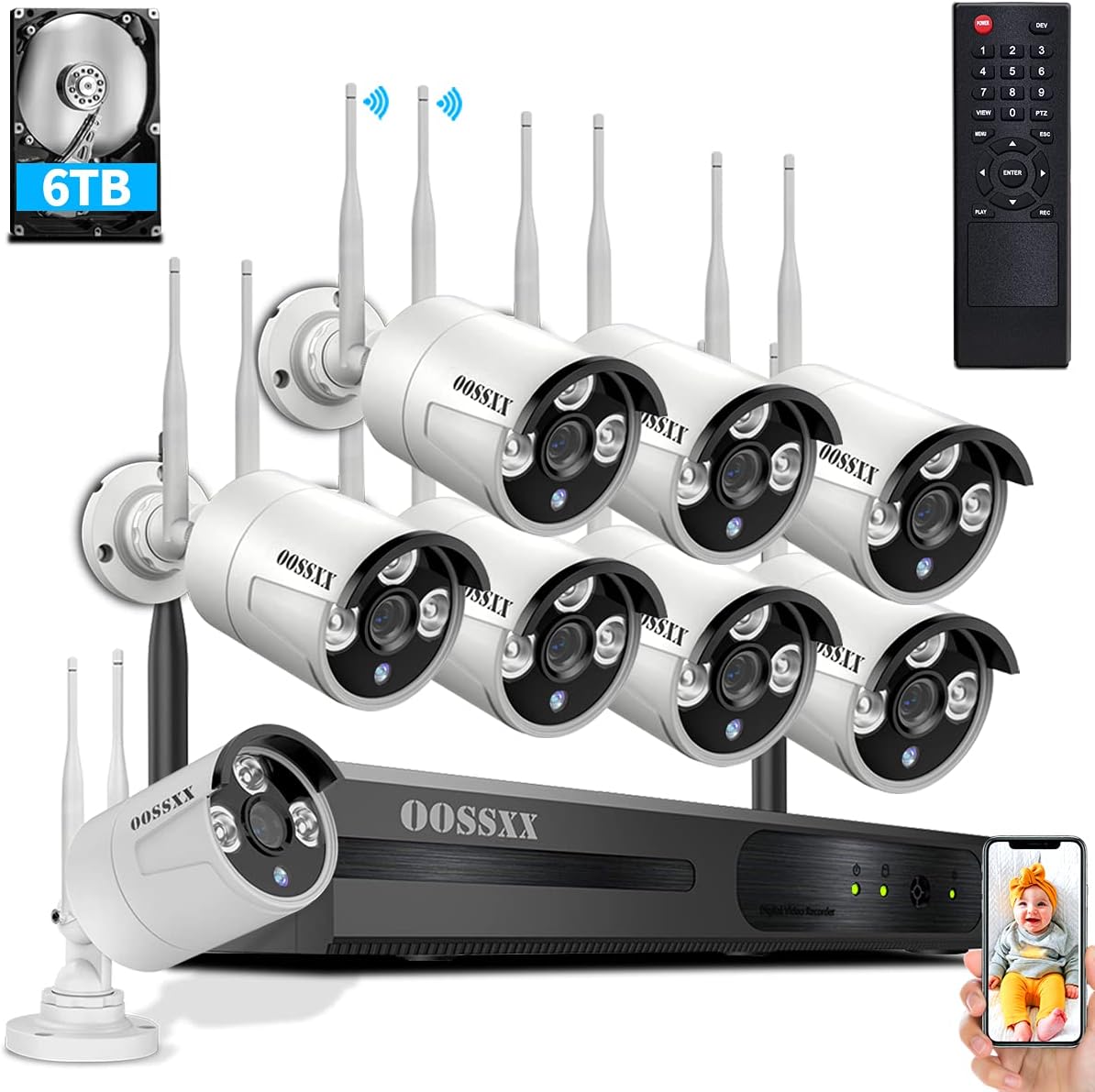 2K 3.0MP Wireless Security Camera System, 8 Channel NVR with 6TB HDD V49895